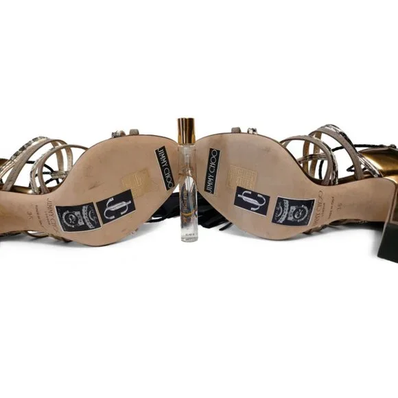 Jimmy Choo Diamond 100 Gold Black Leather Size 36 EU 6 US Strappy Sandals - Picture 2 of 12